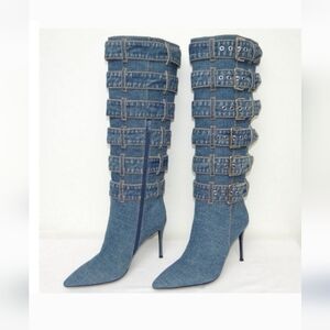 Jeffrey Campbell Arsen Knee-high denim stiletto boot with buckles Size 6